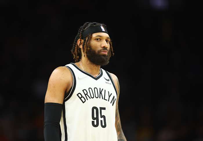 Feb 1, 2022; Phoenix, Arizona, USA; Brooklyn Nets guard DeAndre' Bembry (95) against the Phoenix Suns at Footprint Center.